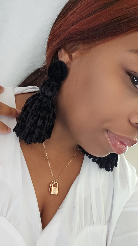 Velvet Button Tassel Earrings