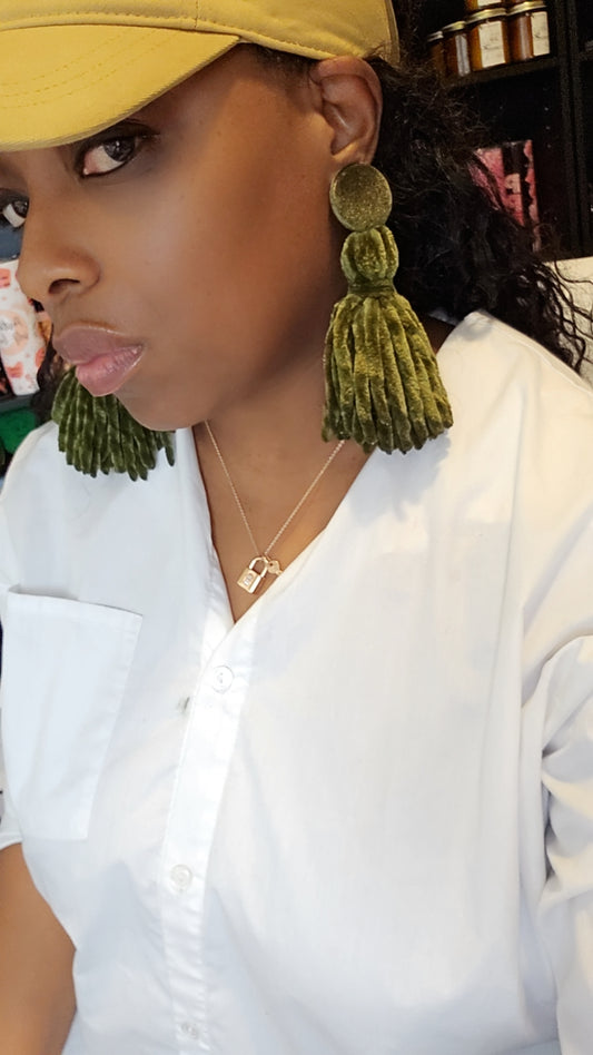 Velvet Button Tassel Earrings